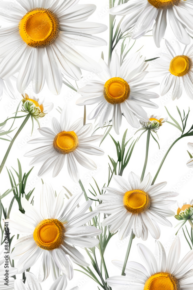 Fototapeta premium Illustration of white chamomile flowers on a white background.
