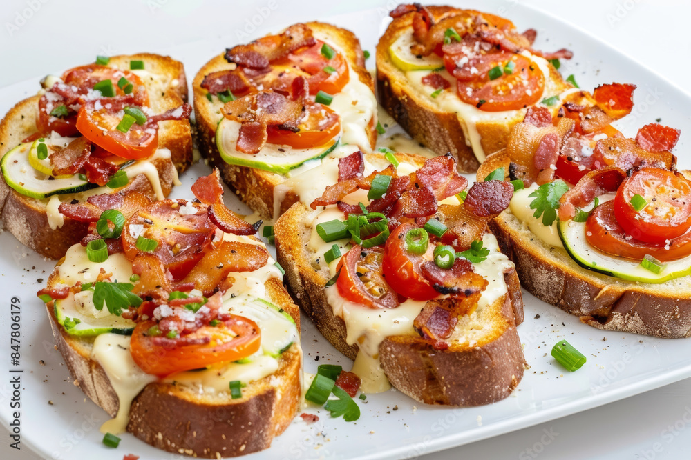 Mouthwatering Bacon and Tomato Cheese Toasts with Two-Cheese Blend Mouthwatering Bacon and Tomato Cheese Toasts with Two-Cheese Blend