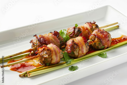 Bacon-Wrapped Pork Pops on Lemongrass Skewers with Flavorful Sweet Chili Dip