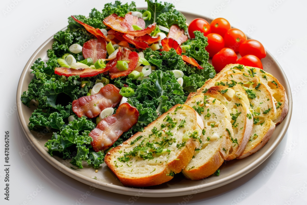 Bacon-Kale Salad and Garlic Bread Top View Bacon-Kale Salad and Garlic Bread Top View
