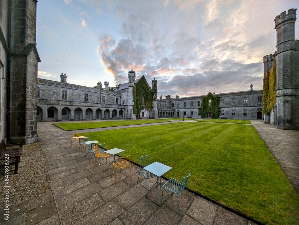 The University of Galway, quadrangle at sunset in Ireland, amazing architecture and landmark, medieval building