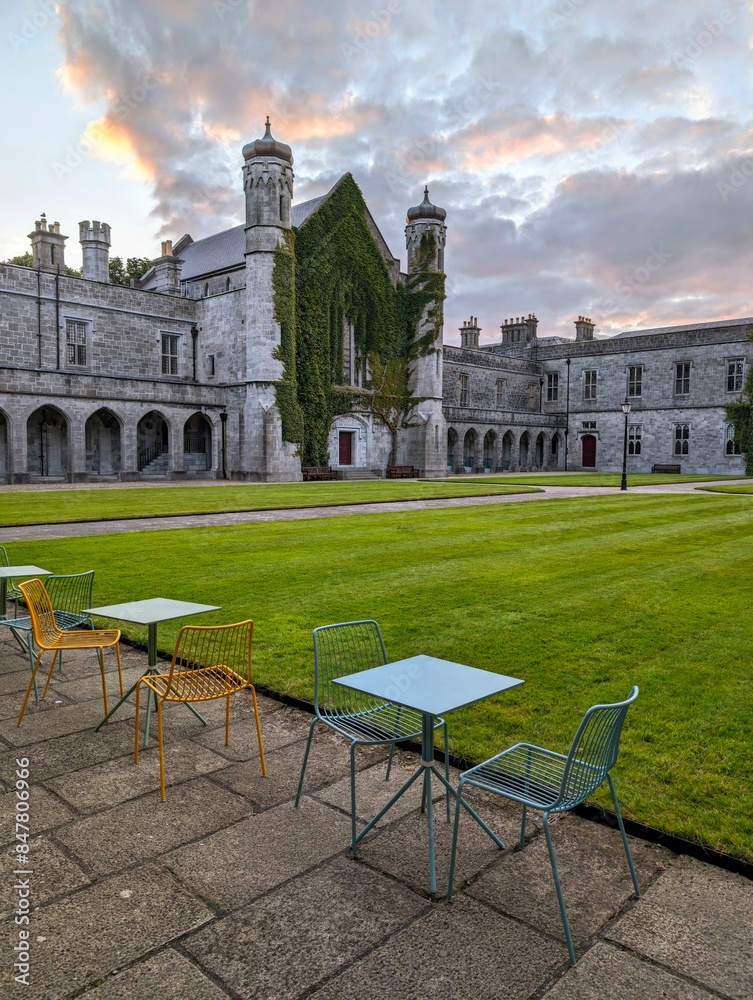 The University of Galway, quadrangle at sunset in Ireland, amazing architecture and landmark, medieval building