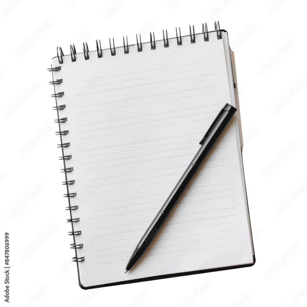 Top view of a spiral notebook with blank lined pages and a black pen placed diagonally on it. Ideal for notes, journaling, or sketches. Top view of a spiral notebook with blank lined pages and a black pen placed diagonally on it. Ideal for notes, journaling, or sketches.