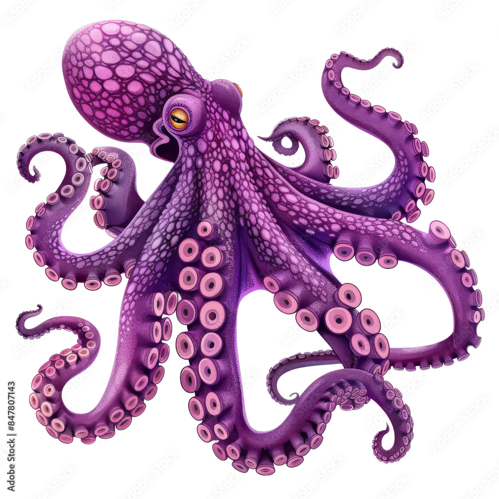 Obraz premium Vibrant purple octopus with detailed tentacles and textured skin, showcasing underwater marine life in vivid color.