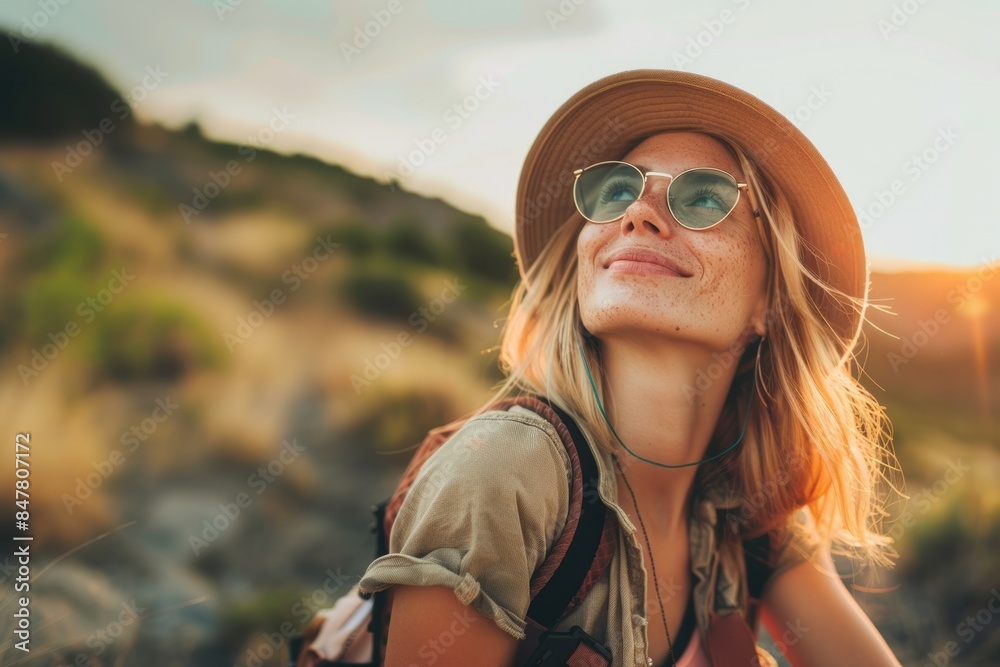 Traveler with backpack relaxing by autumn river at sunset. Young woman breathing deep feeling happy and free Traveler with backpack relaxing by autumn river at sunset. Young woman breathing deep feeling happy and free