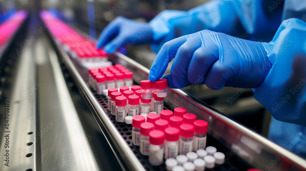A pharmacist scientist with sanitary gloves inspects medical vials on a conveyor belt in a pharmaceutical factory, ensuring mass drug production. A pharmacist scientist with sanitary gloves inspects medical vials on a conveyor belt in a pharmaceutical factory, ensuring mass drug production.