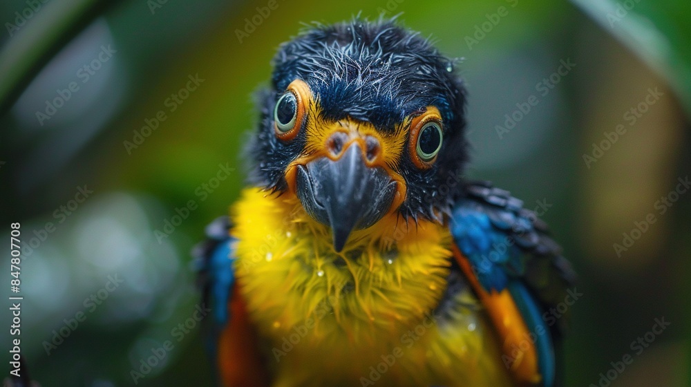 A close up portrait of a vibrant feathered bird with water droplets on its feathers showcasing the intricate details and colors of its plumage against a blurred green background A close up portrait of a vibrant feathered bird with water droplets on its feathers showcasing the intricate details and colors of its plumage against a blurred green background