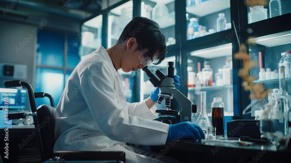 custom made wallpaper toronto digitalIn a state-of-the-art research facility, a disabled Asian scientist in a wheelchair examines DNA samples under a microscope, participating in innovative cancer trials.