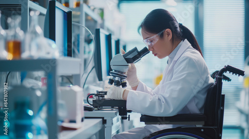 A dedicated Asian scientist in a wheelchair carefully analyzes DNA samples under a microscope in a state-of-the-art lab, advancing cancer research.