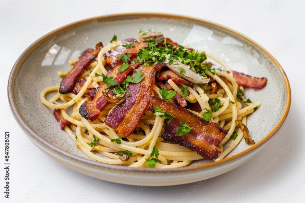 Elegant Bacon and Whiskey Infused Spaghetti Western Delight in Restaurant Setting Elegant Bacon and Whiskey Infused Spaghetti Western Delight in Restaurant Setting
