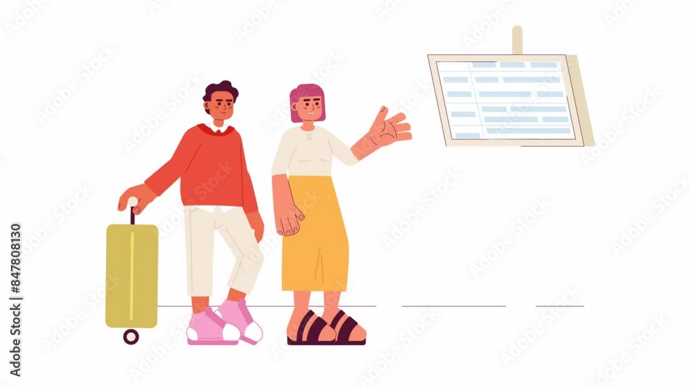 Multiethnic couple looking at info board cartoon animation. Waiting for flight 4K video motion graphic. Tourists checking flight time 2D color animated characters isolated on white background Multiethnic couple looking at info board cartoon animation. Waiting for flight 4K video motion graphic. Tourists checking flight time 2D color animated characters isolated on white background