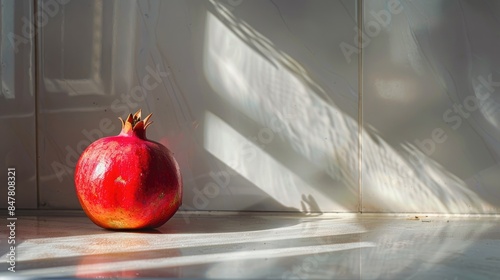 Pomegranate resting on the kitchen counter photo