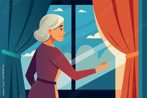 an elderly man with gray hair, wearing a purple dress. She stands at the window, pulling back the curtain to look out. the theme of anonymity or curiosity, 