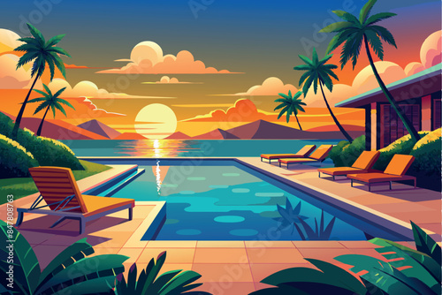 A tranquil scene by the pool at sunset. In the foreground is an empty poolside lounger with a small table with a drink on it. The pool stretches to the horizon, seeing off the sunset.