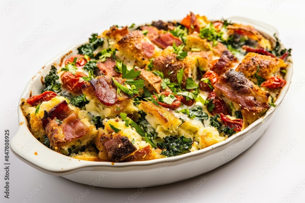 Golden-Brown Bacon and Kale Strata with Sundried Tomatoes and Melted Cheese Golden-Brown Bacon and Kale Strata with Sundried Tomatoes and Melted Cheese
