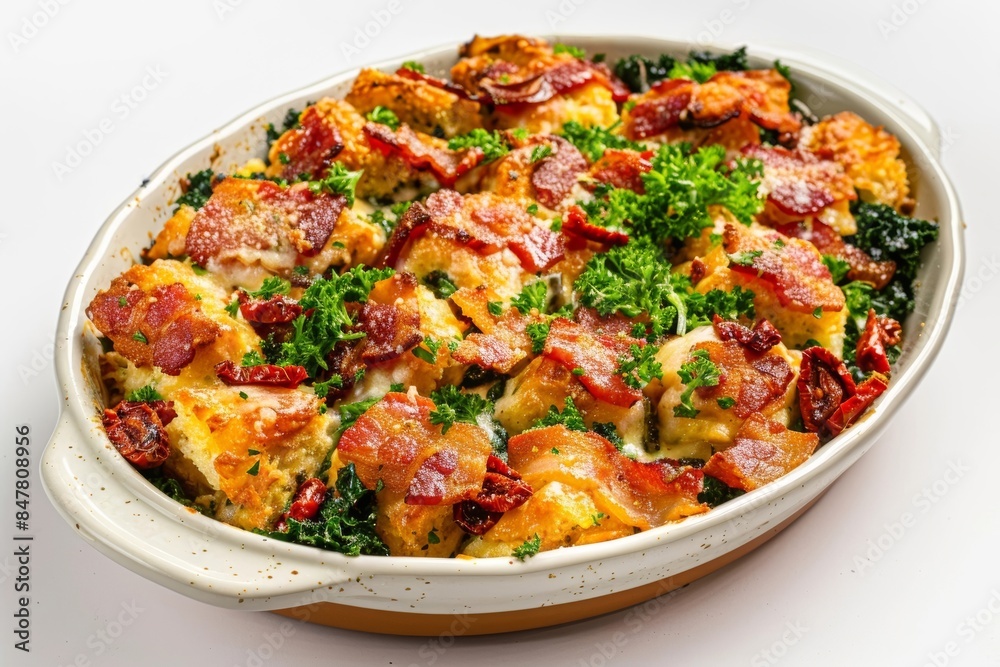 Bacon and Kale Strata with Sundried Tomatoes in Oval Baking Dish Bacon and Kale Strata with Sundried Tomatoes in Oval Baking Dish