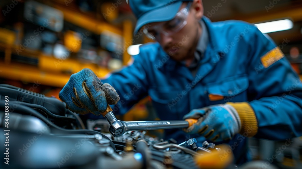 Focused Mechanic Repairing Car Engine in Workshop Focused Mechanic Repairing Car Engine in Workshop