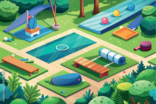 an outdoor stage with colorful yoga mats and equipment placed on the grass. an atmosphere of tranquility and harmony typical of yoga in nature.