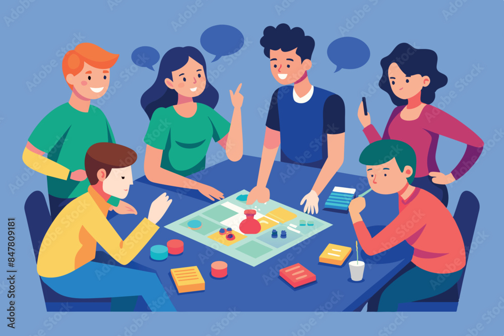 A group of friends participating in a board game. They are seated around a table on which various game pieces and cards can be seen, indicating an interactive and social atmosphere. A group of friends participating in a board game. They are seated around a table on which various game pieces and cards can be seen, indicating an interactive and social atmosphere.