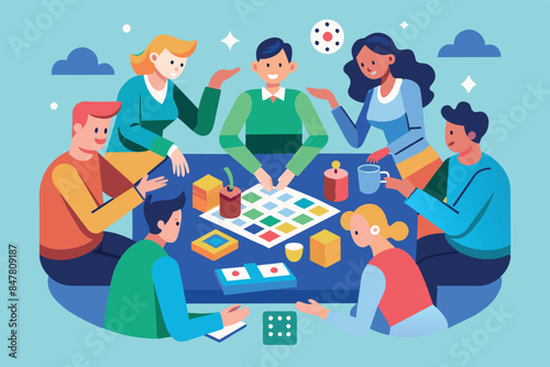 A group of friends participating in a board game. They are seated around a table on which various game pieces and cards can be seen, indicating an interactive and social atmosphere.