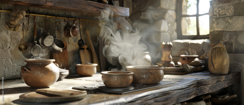 Steamy, inviting kitchen with a stone counter holding clay pots on a stove; the scene is drenched in soft natural morning light. Steamy, inviting kitchen with a stone counter holding clay pots on a stove; the scene is drenched in soft natural morning light.