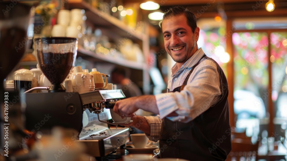Smiling Barista with Hot Beverage in Trendy Coffee Shop Smiling Barista with Hot Beverage in Trendy Coffee Shop
