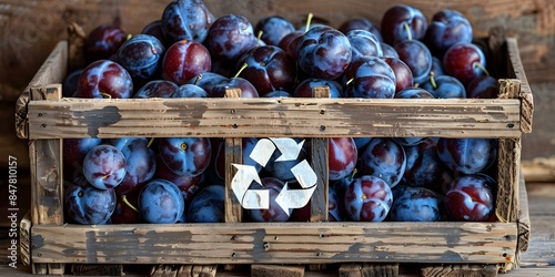 Sustainable Promotion Wooden Crate with Recycling Symbol Filled with Fresh Plums. Concept Sustainable Promotion, Wooden Crate, Recycling Symbol, Fresh Plums photo