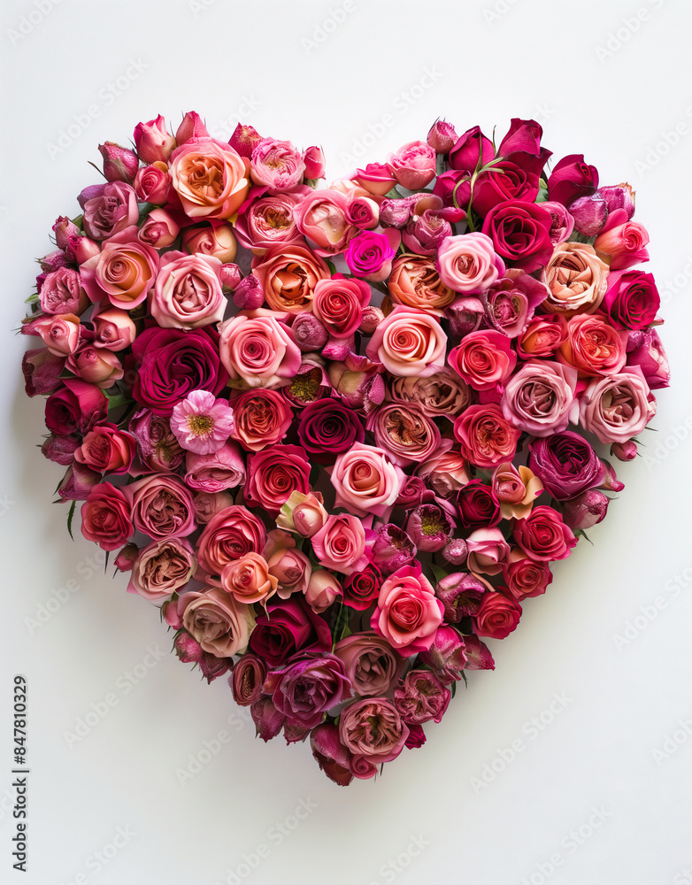 Heart-Shaped Arrangement of Colorful Roses on White Background Heart-Shaped Arrangement of Colorful Roses on White Background