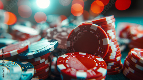 A close-up shot of poker chips under bright, dynamic lights, capturing the intensity and allure of the poker table.