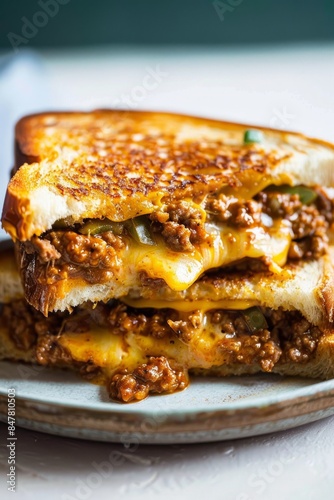 A savory grilled cheese sandwich with beef and green peppers, oozing melted cheese