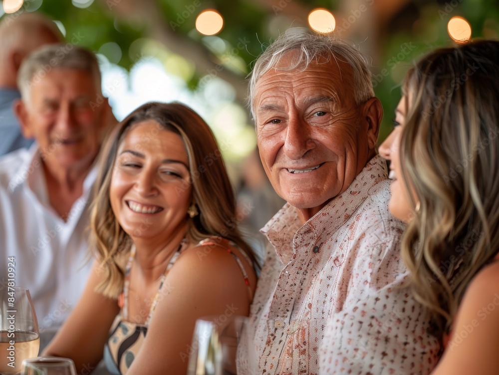an elderly father smiles happily after a family meeting. family gathering lunch and wine drinking concept an elderly father smiles happily after a family meeting. family gathering lunch and wine drinking concept
