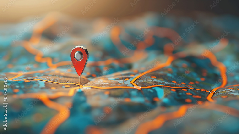 A detailed digital map with a prominent GPS pin and a clear route path, representing modern navigation systems.
