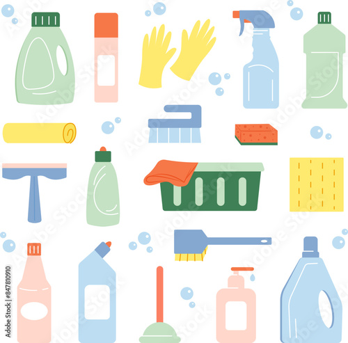Cartoon set of detergent bottles or containers, cleaning supplies icon. Tools for cleaning. Vector illustration
