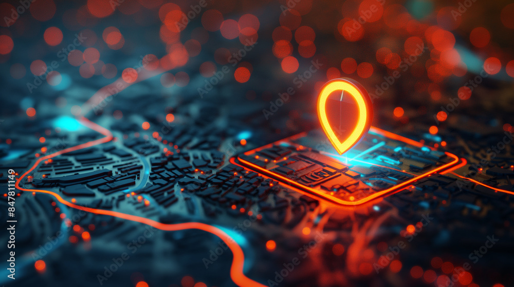 A glowing GPS pin on a digital map with a clear route path, showcasing advanced navigation and location tracking. A glowing GPS pin on a digital map with a clear route path, showcasing advanced navigation and location tracking.