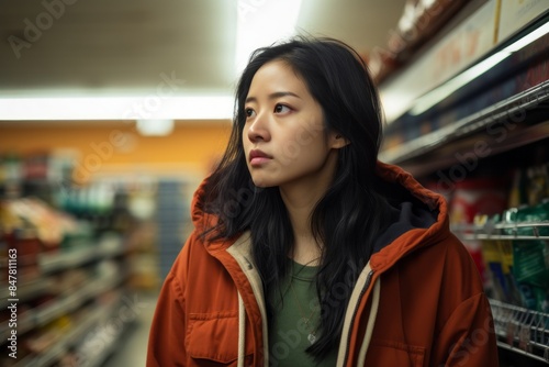 Portrait of a glad asian woman in her 20s sporting a comfortable hoodie while standing against busy supermarket aisle background