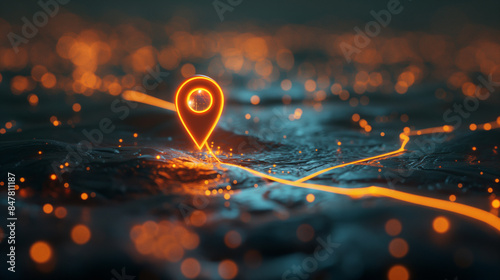 An advanced digital map featuring a glowing GPS pin and a distinct route path, illustrating precise navigation solutions.