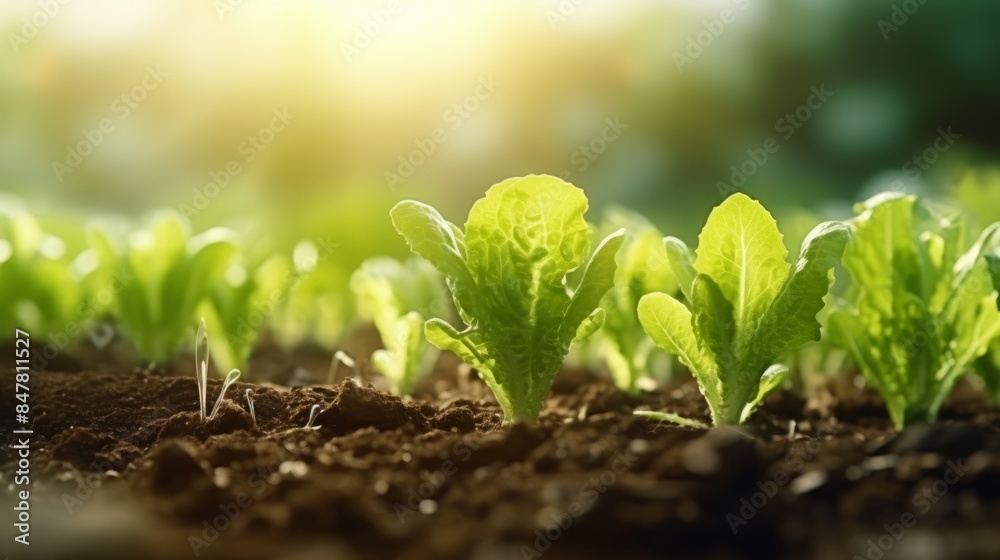 Vibrant lettuce seedlings growing in fertile soil and sunlight, symbolizing natural cultivation and growth in farming Vibrant lettuce seedlings growing in fertile soil and sunlight, symbolizing natural cultivation and growth in farming