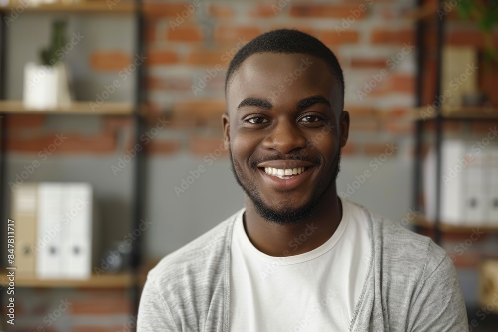 Obraz premium Happy young African American man posing for headshot at home office.