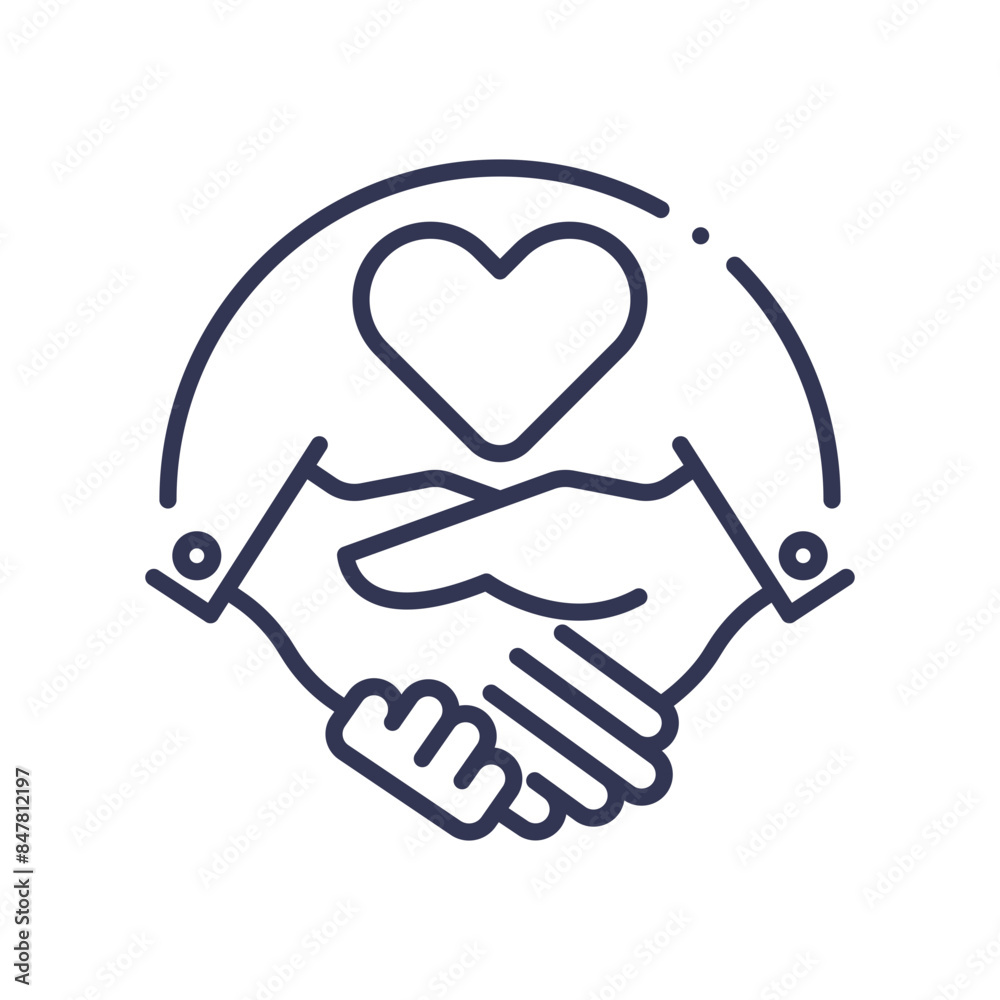 Icon of two hands shaking with a heart above, symbolizing empathy and connection. Icon of two hands shaking with a heart above, symbolizing empathy and connection.