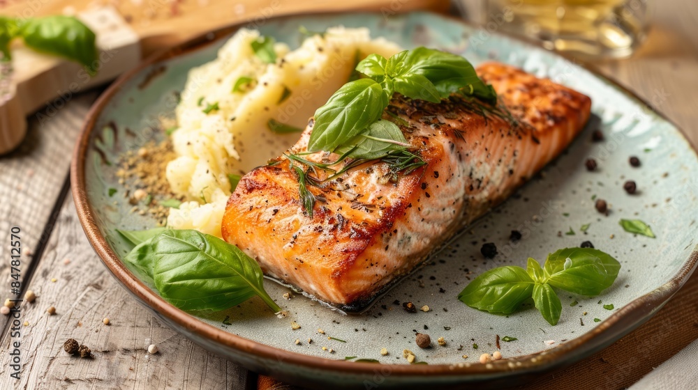 Delicious salmon on a ceramic plate topped with mashed potatoes, seasonings, and green leaves can be seen above Delicious salmon on a ceramic plate topped with mashed potatoes, seasonings, and green leaves can be seen above