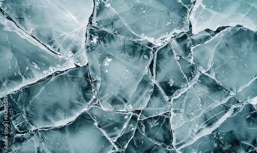 closeup of cracked ice with blue reflections