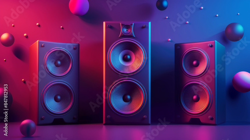 Speakers for music and surround sound home theater systems, with audio stereo control for parties and concerts. Includes data design elements and copy space for banner design