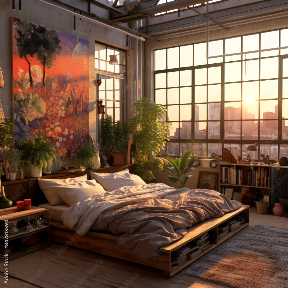 A bedroom with a large window overlooking a city skyline. The room is decorated with a colorful painting on the wall and a potted plant. The bed is made and the room has a cozy and inviting atmosphere A bedroom with a large window overlooking a city skyline. The room is decorated with a colorful painting on the wall and a potted plant. The bed is made and the room has a cozy and inviting atmosphere