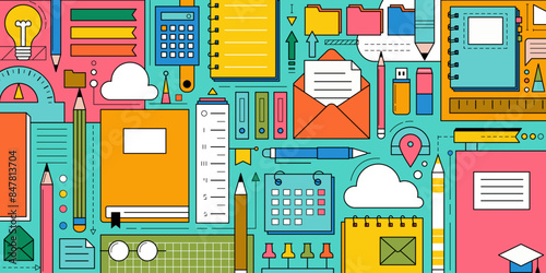 Back to school background with study supplies and office stationery. Geometric poster of education and work concept with icons of pen, pencil, book, notebook, calendar and folders, vector illustration