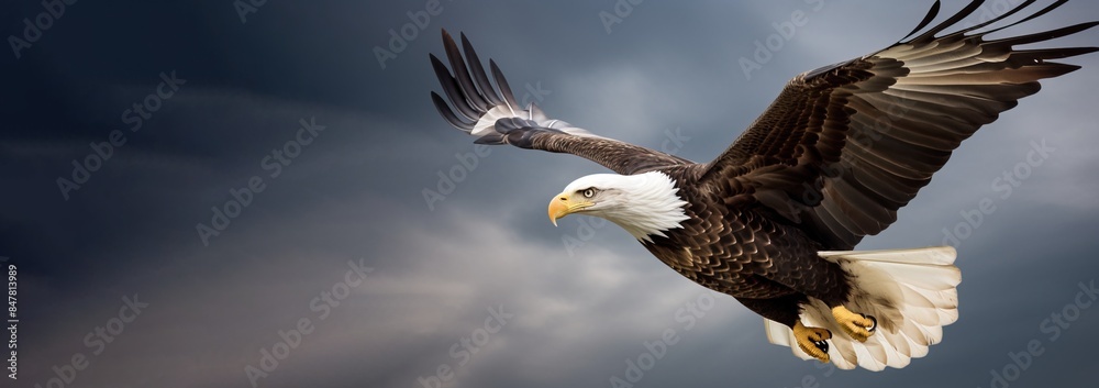 US Independence Day July 4th, a soaring bald eagle against a daytime cloudy sky. AI generated. US Independence Day July 4th, a soaring bald eagle against a daytime cloudy sky. AI generated.