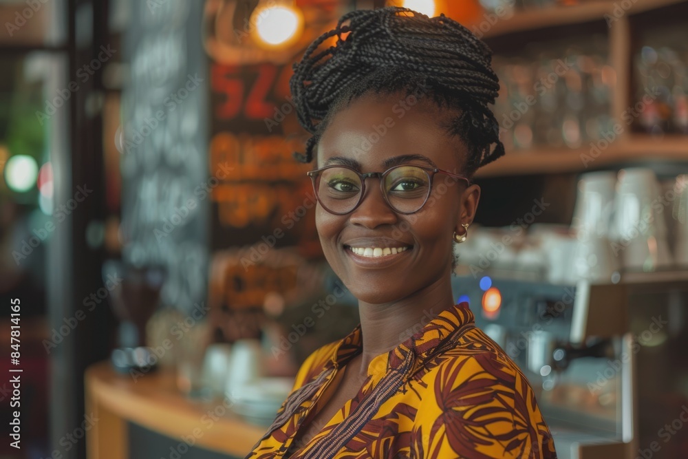 Obraz premium Young African female entrepreneur welcomes in trendy cafe.