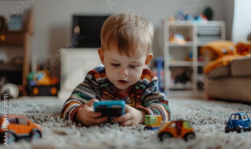 The child uses a smartphone, plays games, watches videos online, scrolls the screen. Children's screen addiction. Smartphone addiction.
