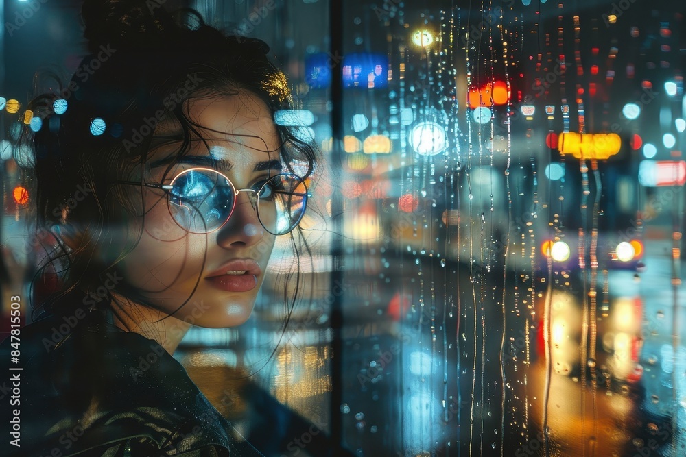 A moody shot capturing the reflection of a person's silhouette gazing out of a window onto a rain-soaked cityscape at night A moody shot capturing the reflection of a person's silhouette gazing out of a window onto a rain-soaked cityscape at night
