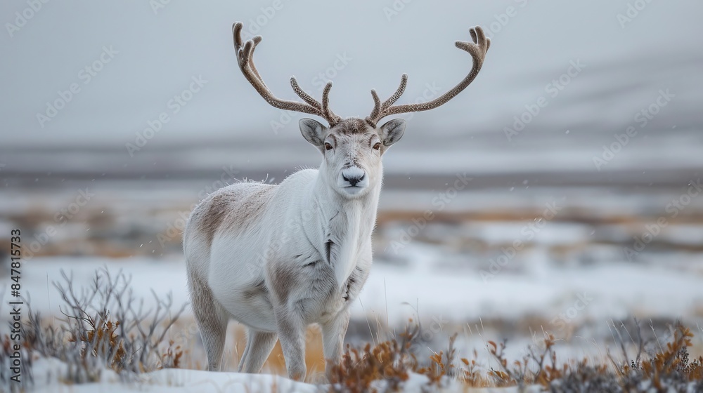 Solitary reindeer standing amidst the snow covered tundra under a somber sky Solitary reindeer standing amidst the snow covered tundra under a somber sky