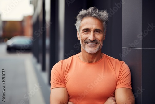 Portrait of a grinning man in his 50s showing off a thermal merino wool top in vibrant yoga studio background